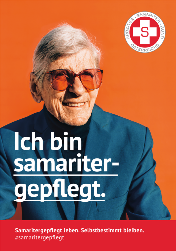 Alter Mann im Anzug und Sonnenbrille mit Schriftzug Ich bin samaritergepflegt